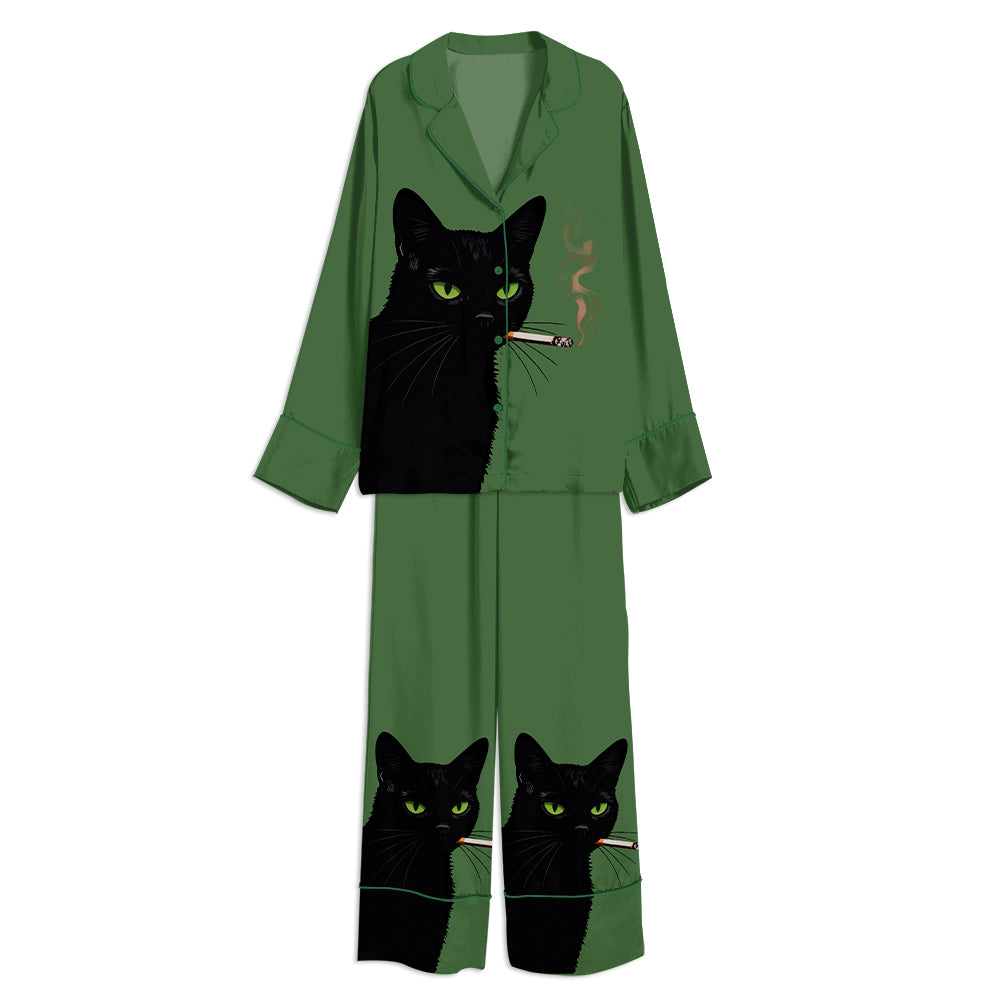 Vintage Black Cat Smoking Cat Art Unisex Long Sleeve Satin Pajama Set
