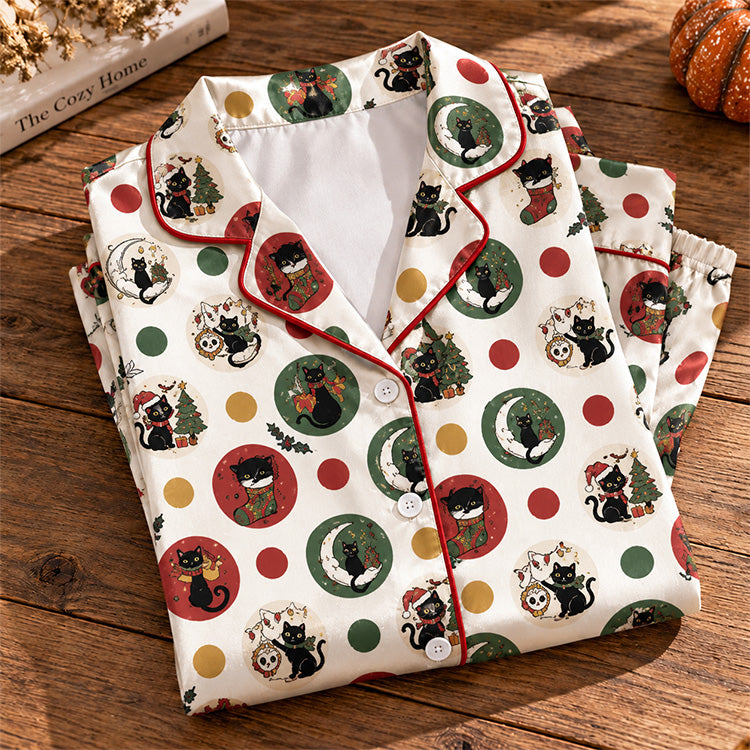 Tokyo-Mood Christmas Holiday Cat Portrait Polka Dot Unisex Long Sleeve Silky Satin Pajama Set
