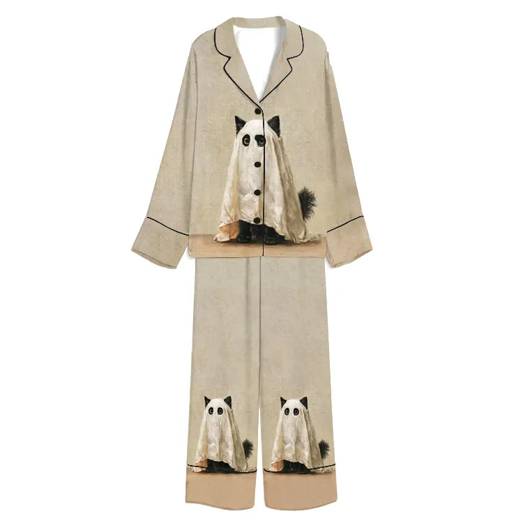 Tokyo-Mood Halloween Bedsheet Ghost Cat Cream Unisex Long Sleeve Silky Satin Pajama Set