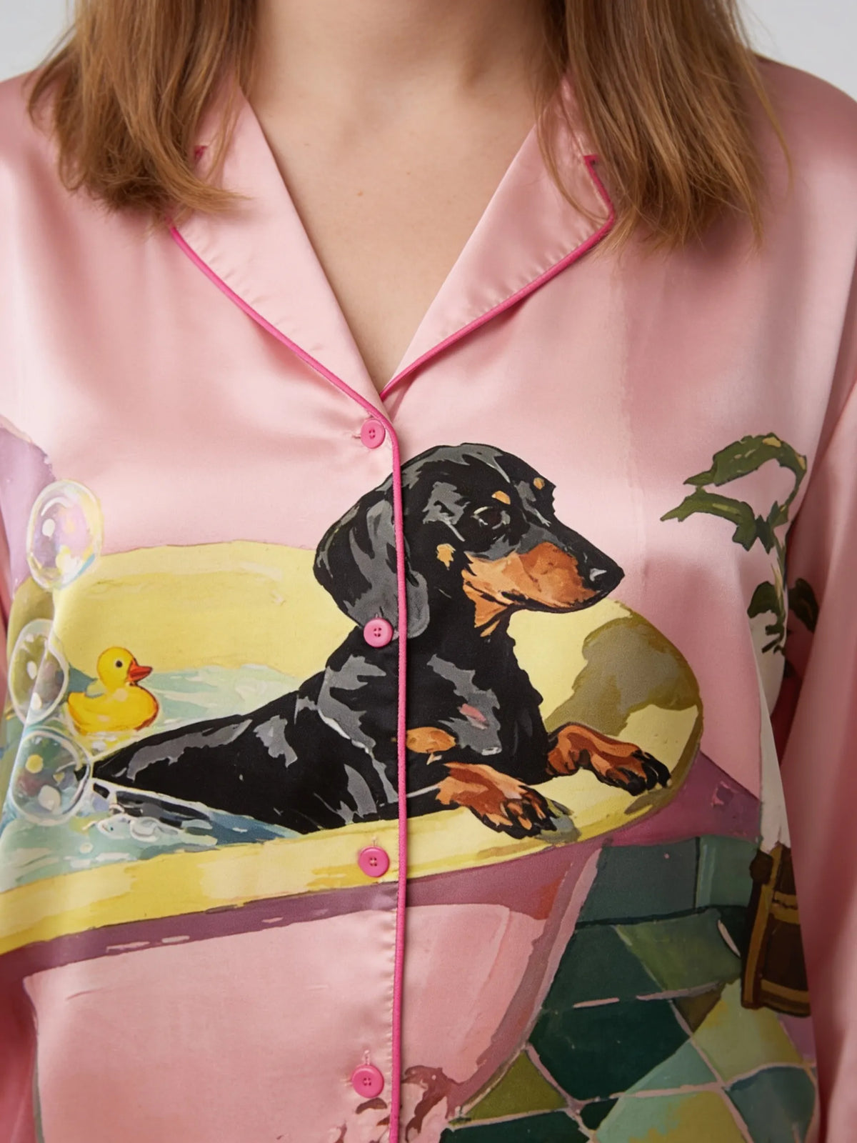 Tokyo-mood Funny Dachshund Pastel Bathroom Art Unisex Long Sleeve Silky Satin Pajama Set