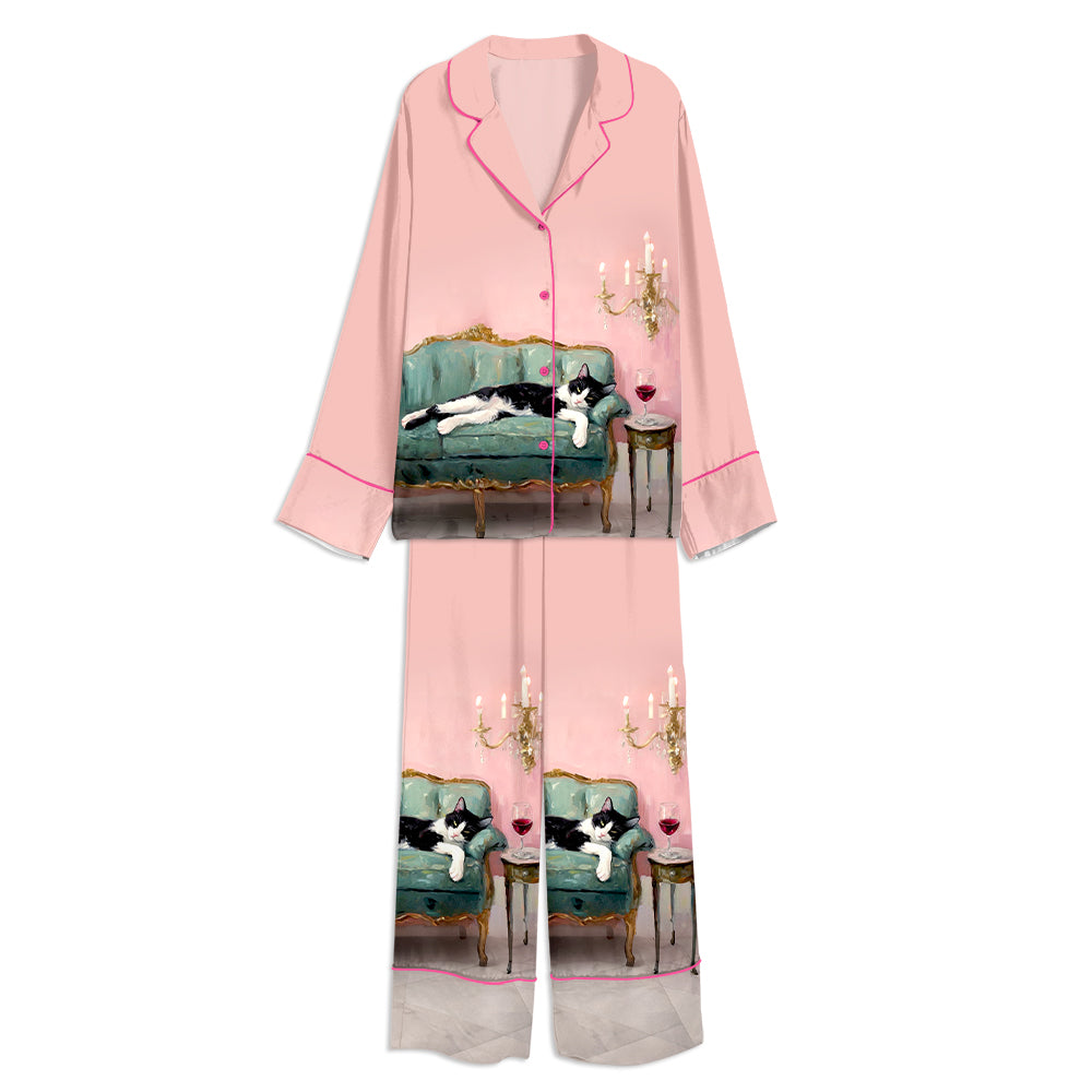 Cat With Red Wine Unisex Long Sleeve Satin Pajama Set