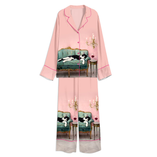 Cat With Red Wine Unisex Long Sleeve Satin Pajama Set