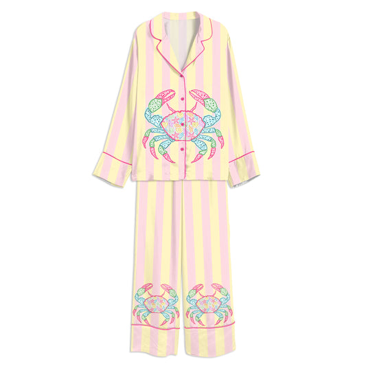 Tokyo-mood Everyday Summer Crab Watercolor Beach Bay Coastal Unisex Long Sleeve Silky Satin Pajama Set