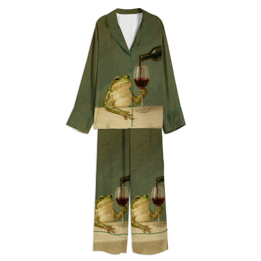 Vintage Frog Drinking Wine Unisex Long Sleeve Satin Pajama Set