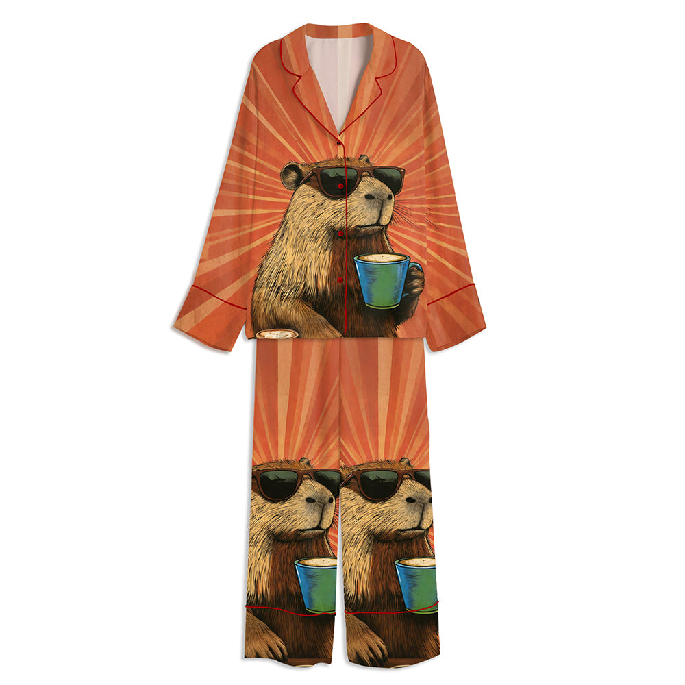 Funny Capybara With Sunglasses Vaporwave Unisex Long Sleeve Satin Pajama Set