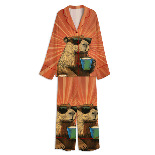 Funny Capybara With Sunglasses Vaporwave Unisex Long Sleeve Satin Pajama Set