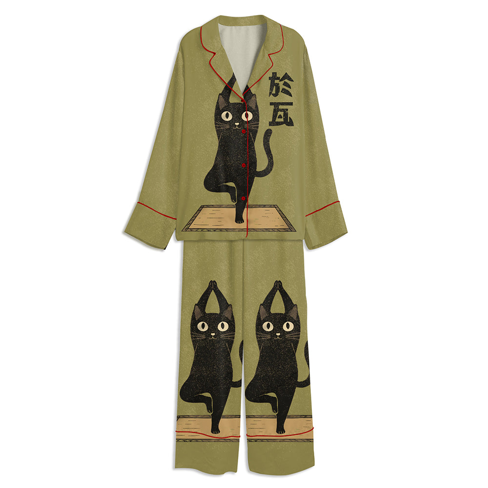 Yoga Cat Tree Pose Japanese Woodblock Style Fitness Unisex Long Sleeve Satin Pajama Set