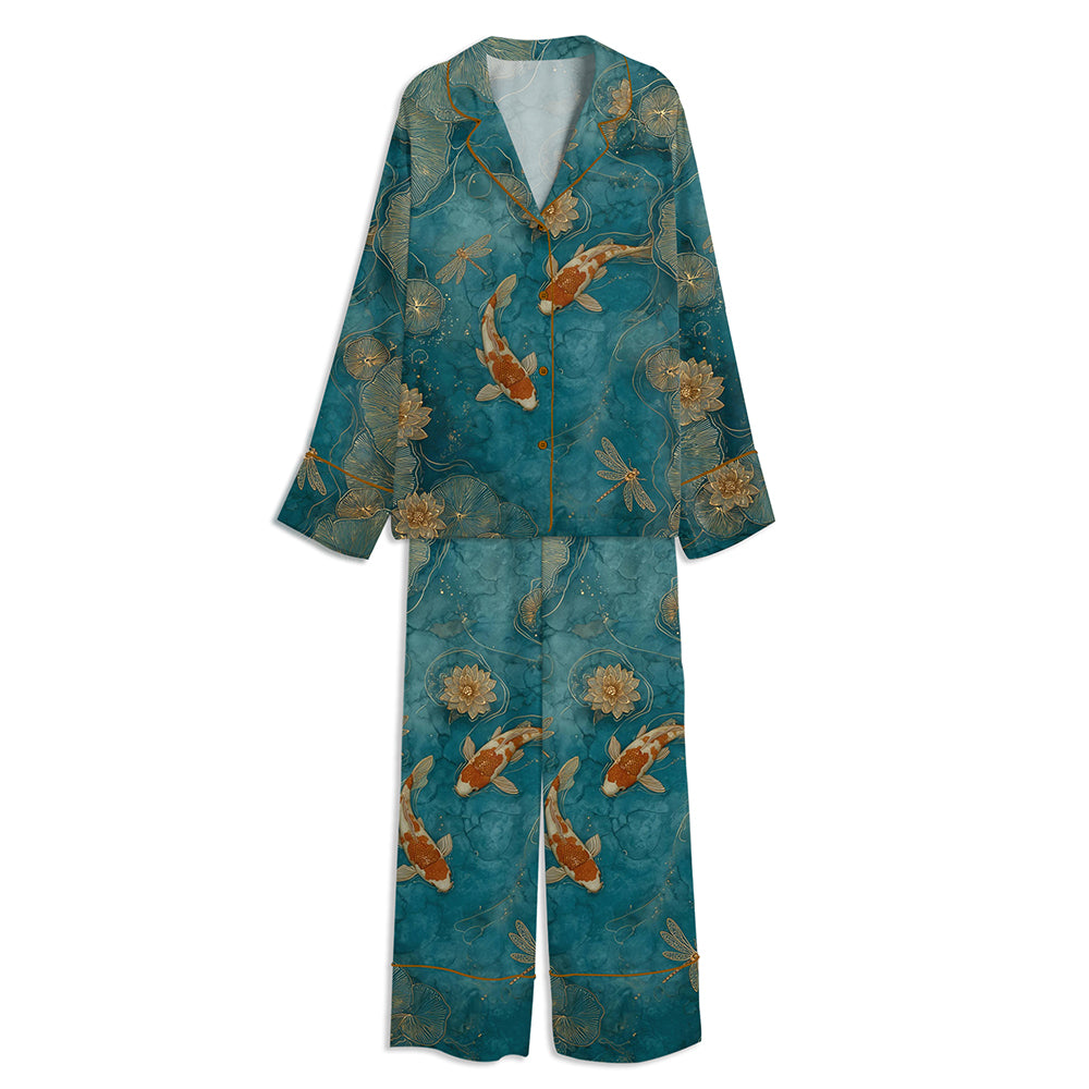 Elegant Koi Fish Emerald Green Pond Gold Lotus Unisex Long Sleeve Satin Pajama Set