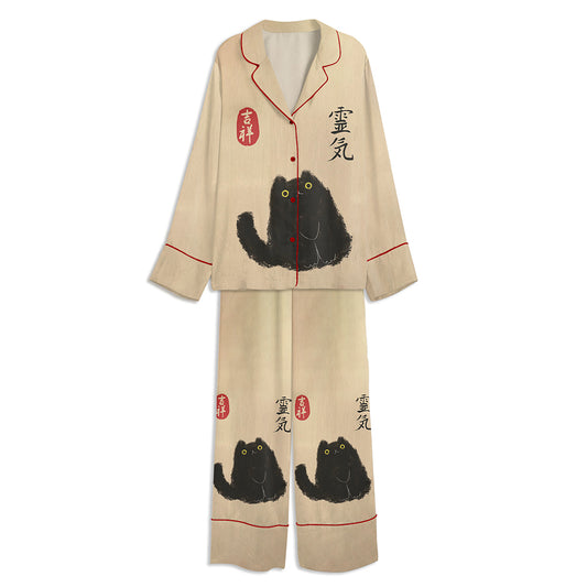 Vintage Japanese Black Cat Unisex Long Sleeve Satin Pajama Set