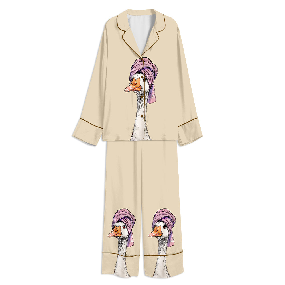 Tokyo-mood Bath Time Goose Unisex Long Sleeve Silky Satin Pajama Set