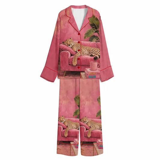 Tokyo-Mood Sleeping Leopard Pink Sofa Rose Unisex Long Sleeve Silky Satin Pajama Set