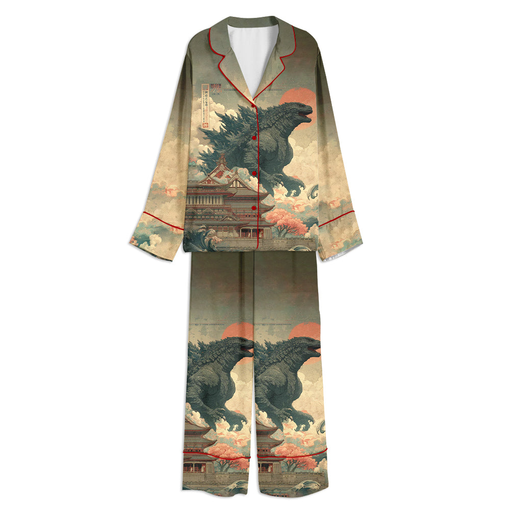 Godzilla Vintage Canvas Japanese Monster Unisex Long Sleeve Satin Pajama Set