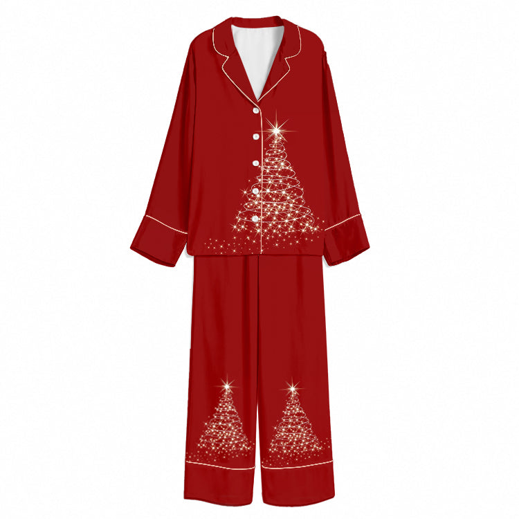 Tokyo-Mood Christmas Sparkling Starlight Tree Red Unisex Long Sleeve Silky Satin Pajama Set