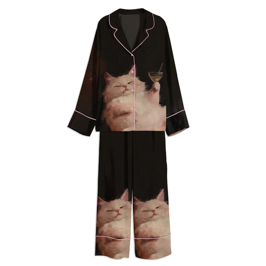 Funny White Cat Cocktail Unisex Long Sleeve Satin Pajama Set