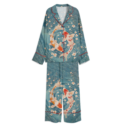 Yayoi Kusama Blue Fish Print Koi Fish Unisex Long Sleeve Satin Pajama Set
