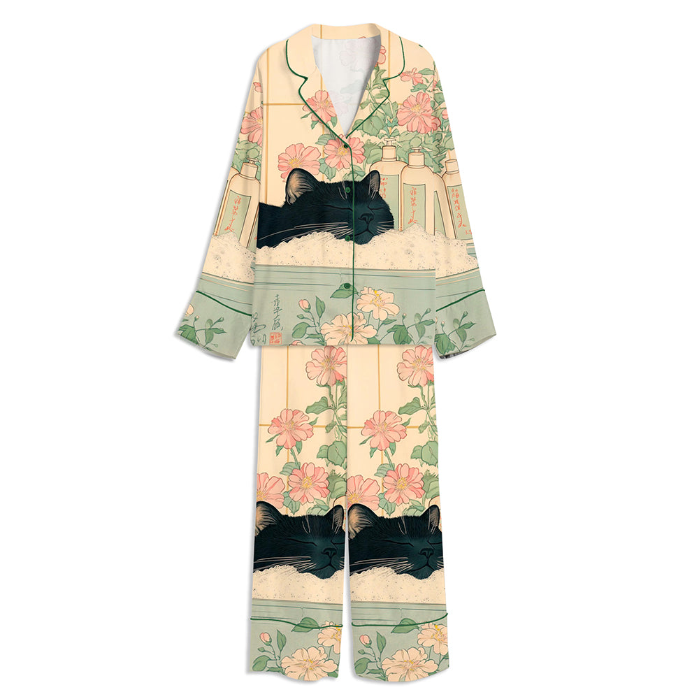 Japanese Black Cat In Bathtub Unisex Long Sleeve Satin Pajama Set