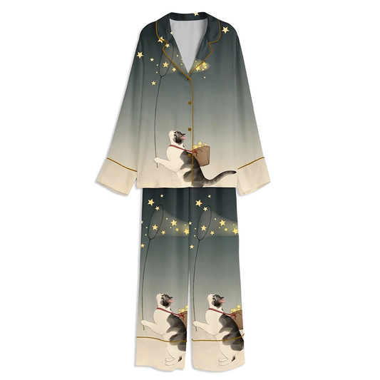 Japanese Cat Catching Stars Unisex Long Sleeve Satin Pajama Set