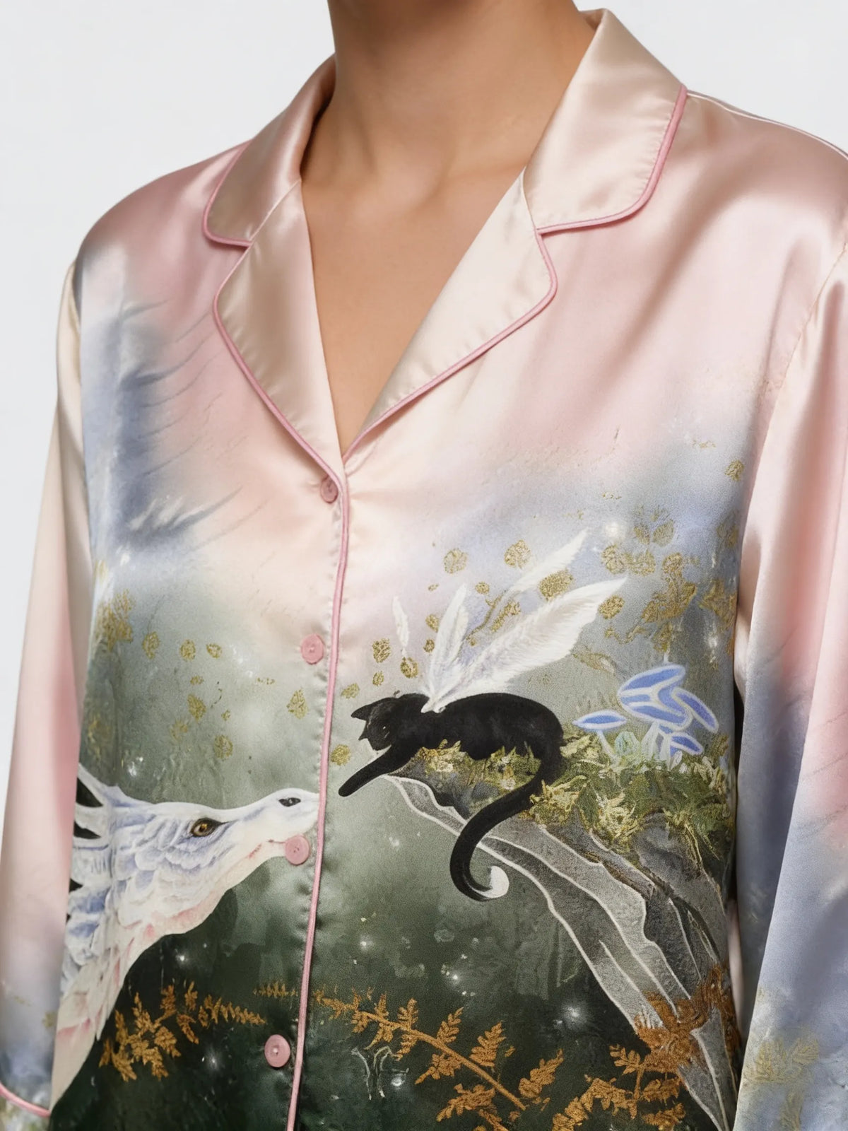 Tokyo-mood Dragon & Winged Cat Unisex Long Sleeve Silky Satin Pajama Set