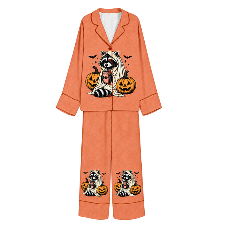 Tokyo-Mood Halloween Ghost Costume Raccoon Pumpkin Terracotta Orange Unisex Long Sleeve Silky Satin Pajama Set