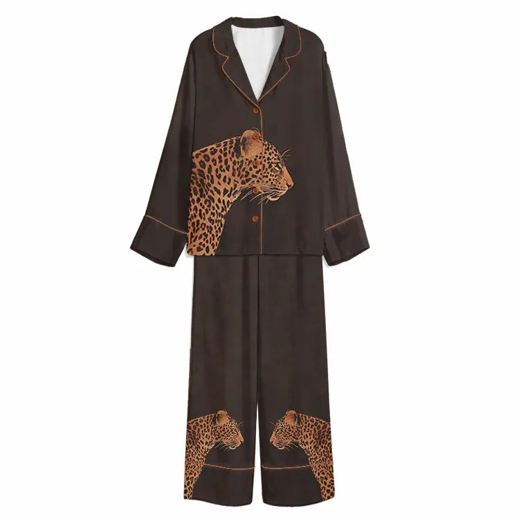 Tokyo-Mood Leopard Side Profile Espresso Brown Unisex Long Sleeve Silky Satin Pajama Set