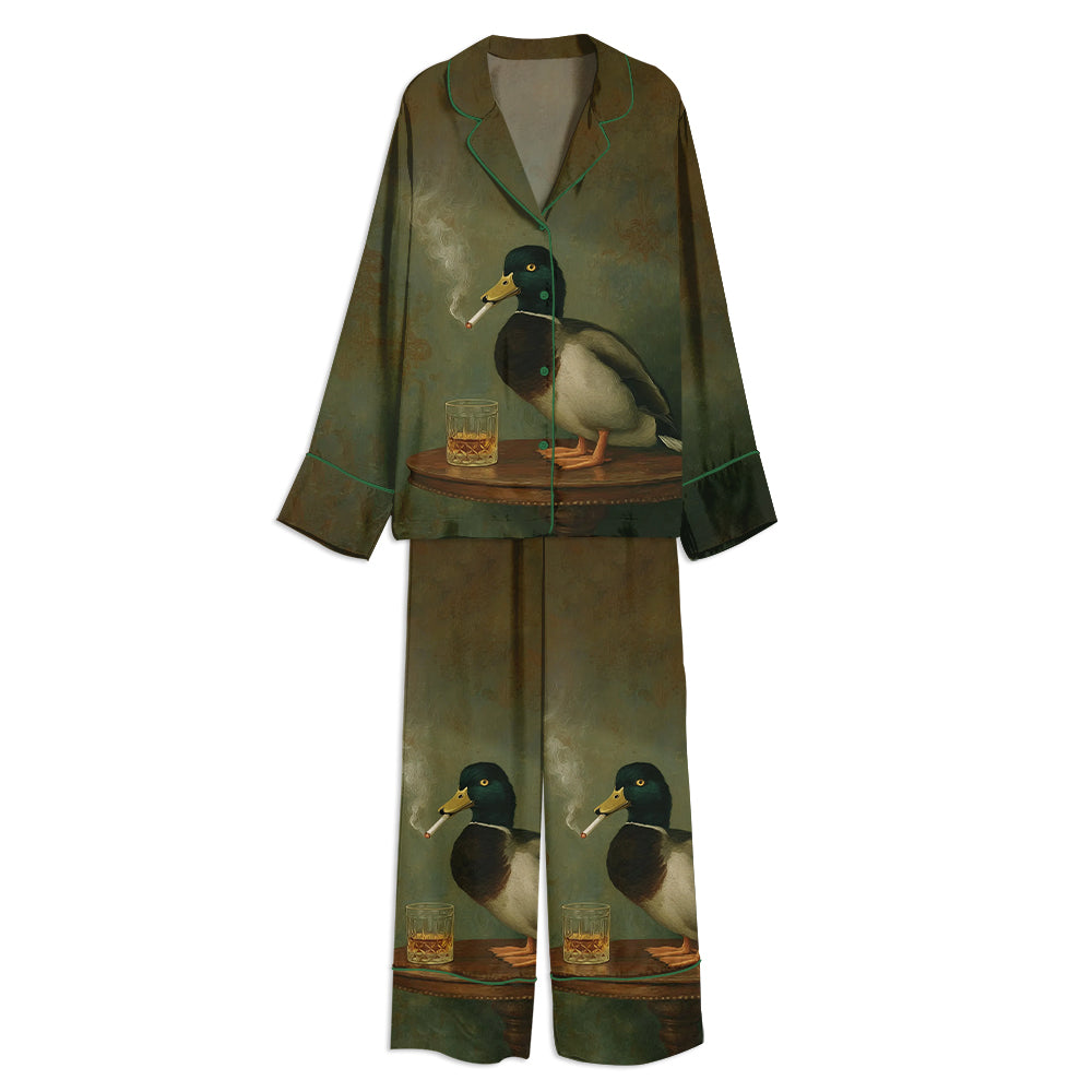 Smoking Mallard Duck Hunting Whisky Unisex Long Sleeve Satin Pajama Set