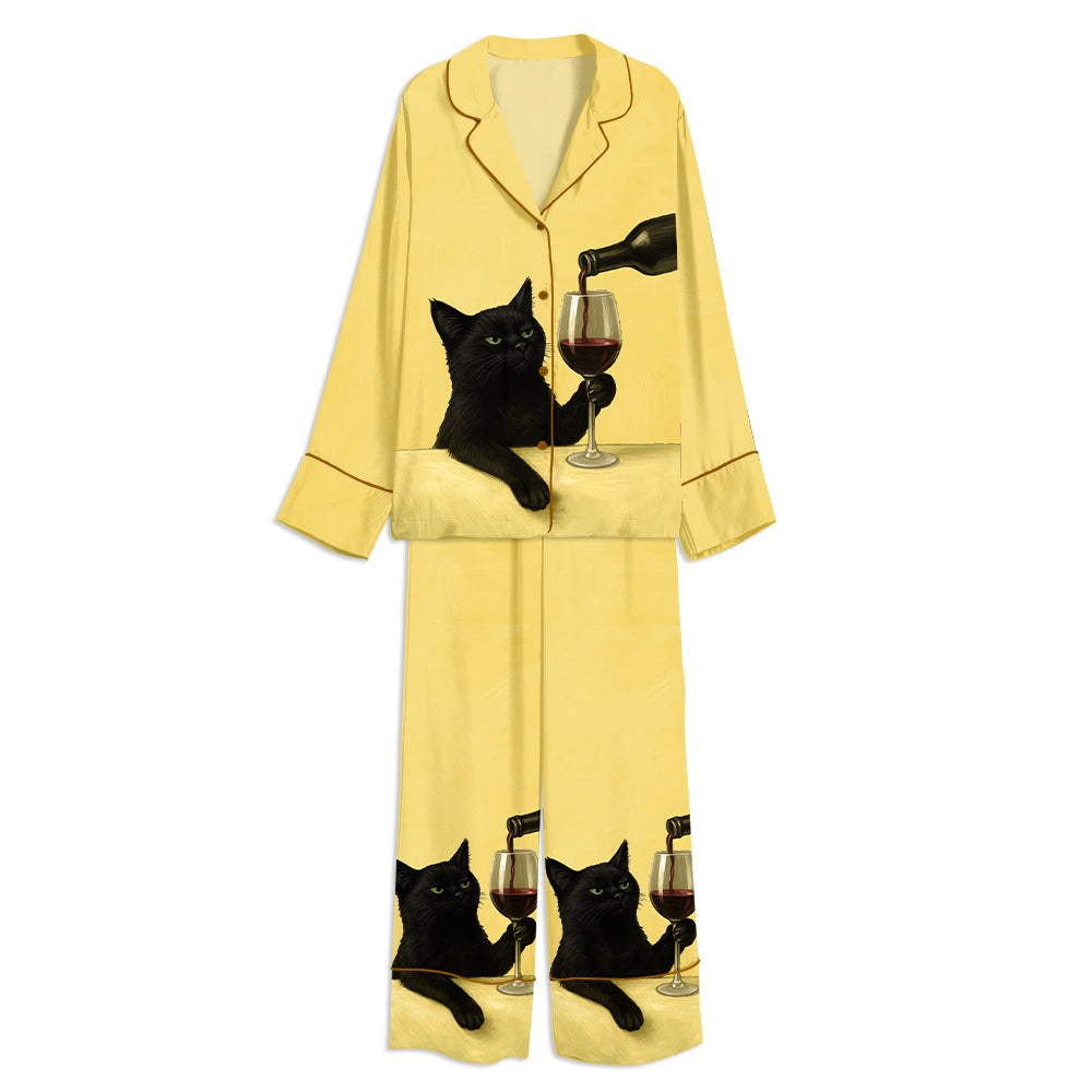 Tokyo-mood Black Cat With Wine Glass Unisex Long Sleeve Silky Satin Pajama Set