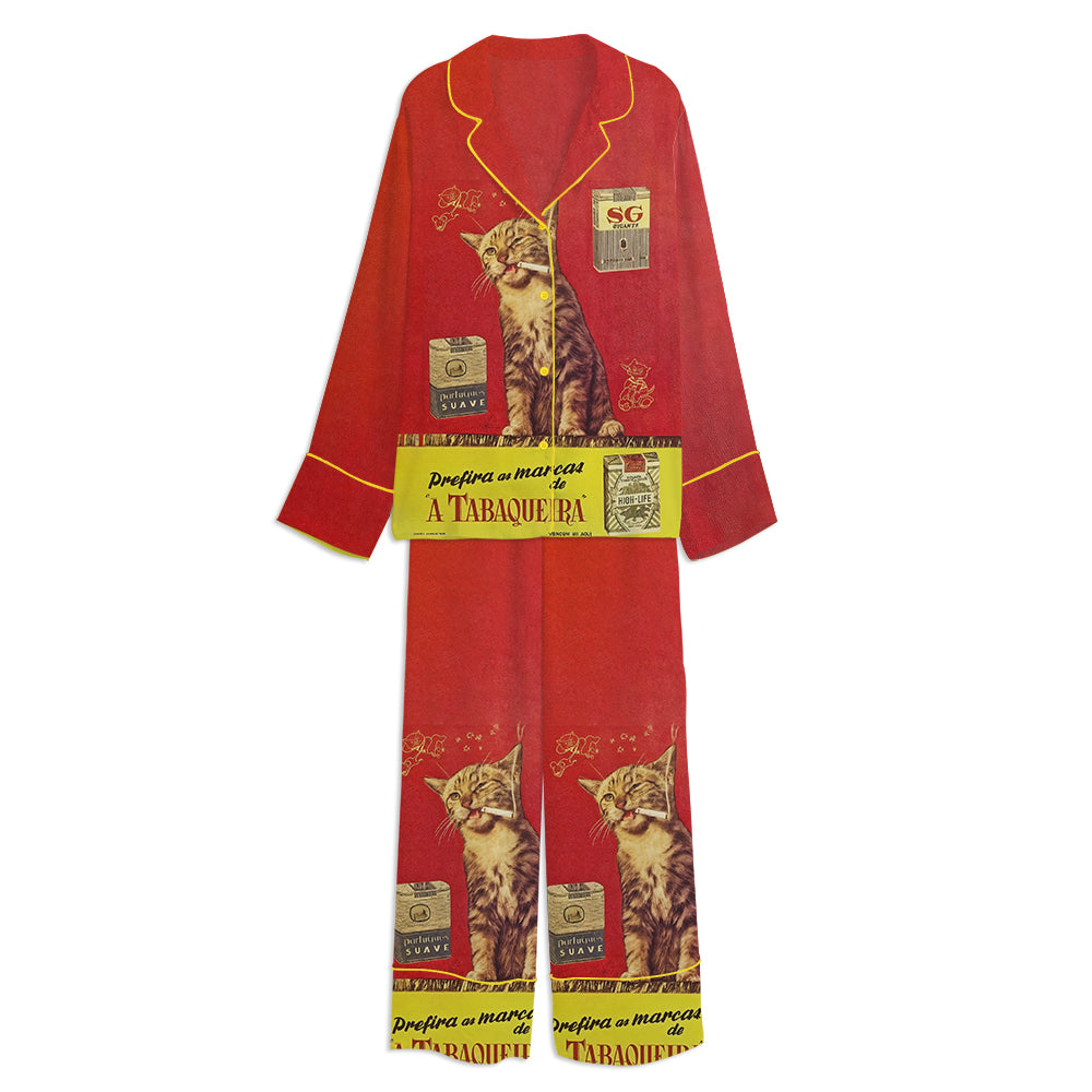 Vintage Smoking Cat Unisex Long Sleeve Satin Pajama Set