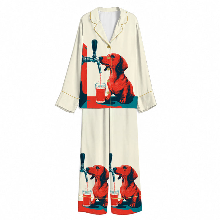Tokyo-Mood Dachshund Beer Tap Cream Unisex Long Sleeve Silky Satin Pajama Set