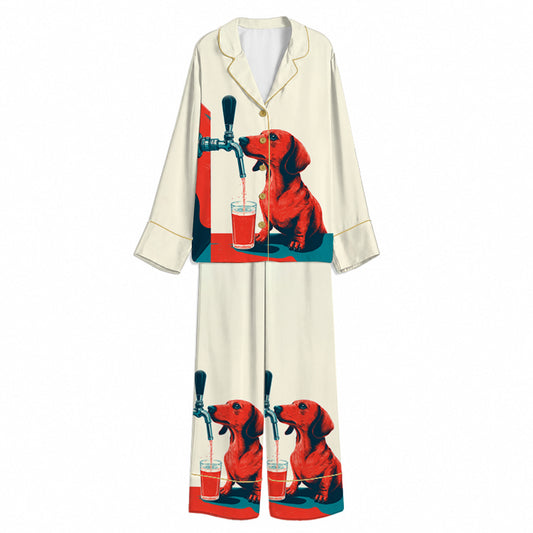 Tokyo-Mood Dachshund Beer Tap Cream Unisex Long Sleeve Silky Satin Pajama Set