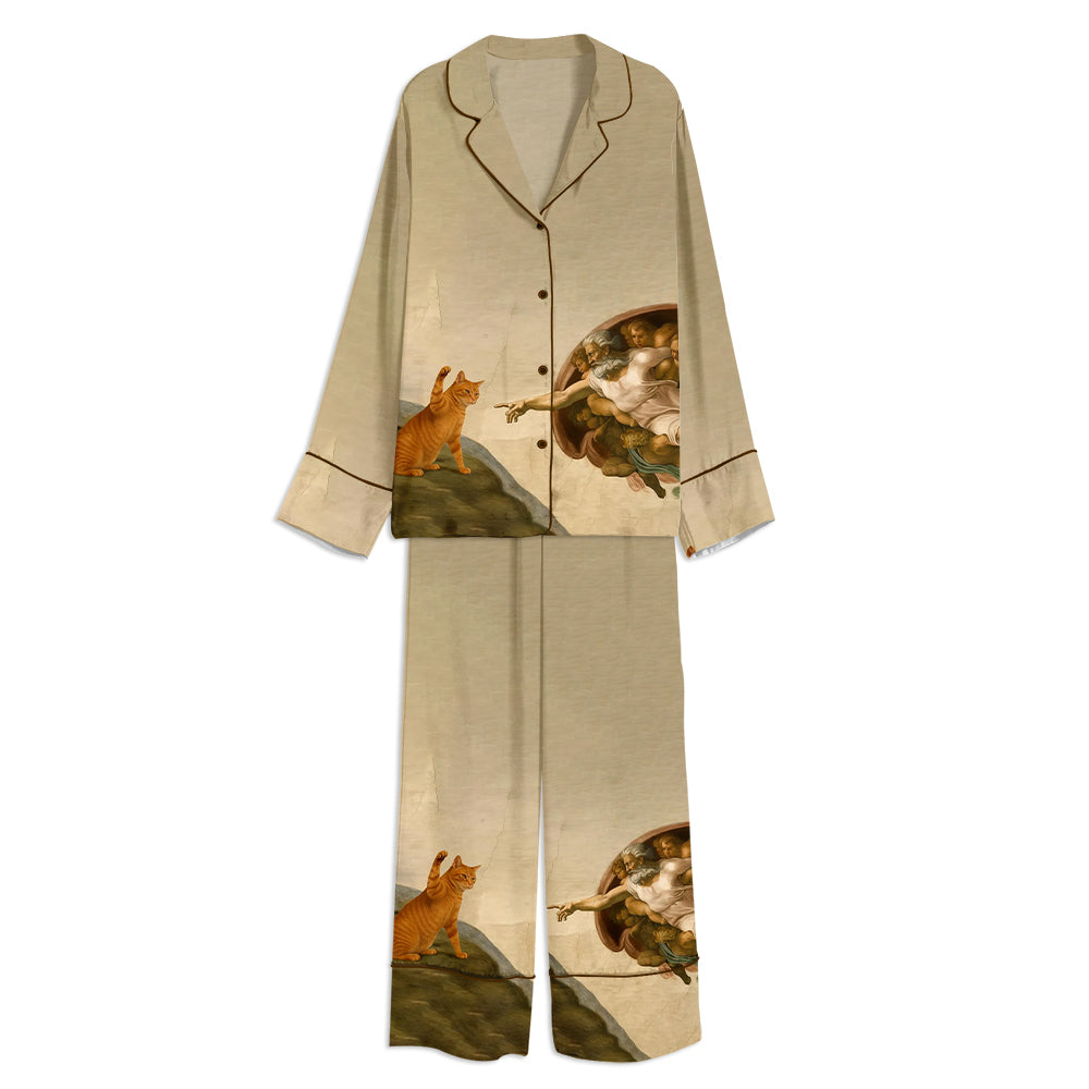 Funny Cat Michelangelo Parody Humorous Renaissance Meme Unisex Long Sleeve Satin Pajama Set