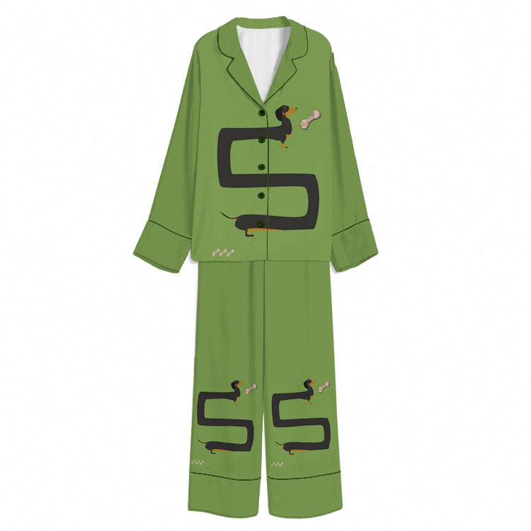 Tokyo-Mood Long-Bodied Dachshund Bone Chase Olive Green Unisex Long Sleeve Silky Satin Pajama Set
