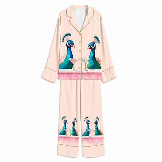 Tokyo-Mood Martini Toast Peacocks Blush Pink Unisex Long Sleeve Silky Satin Pajama Set