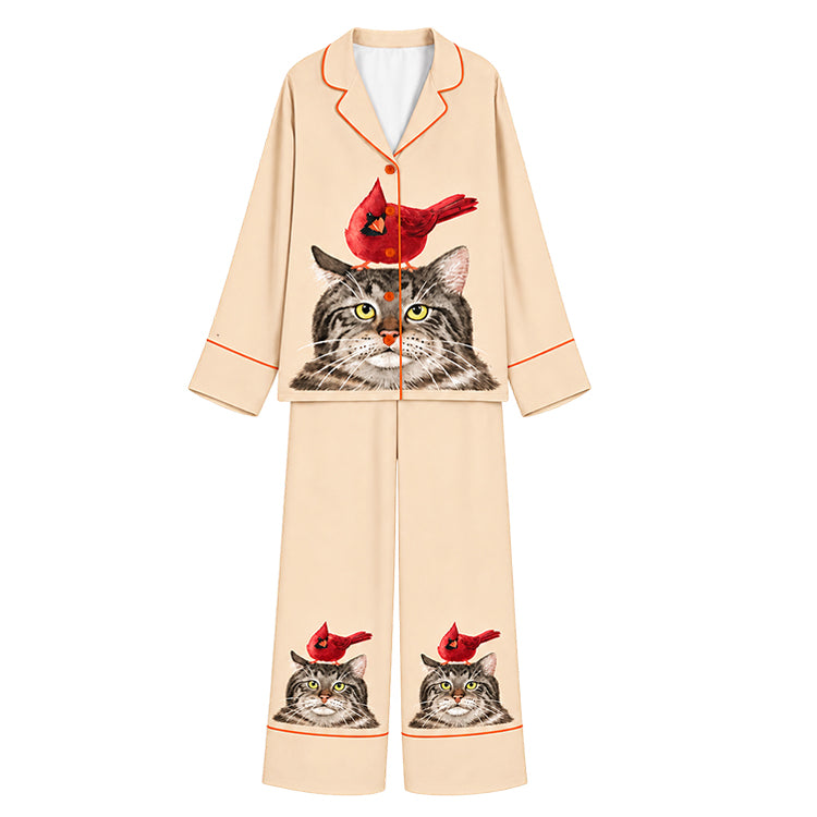 Tokyo-Mood Red Cardinal Perched on Tabby Cat Cream Unisex Long Sleeve Silky Satin Pajama Set