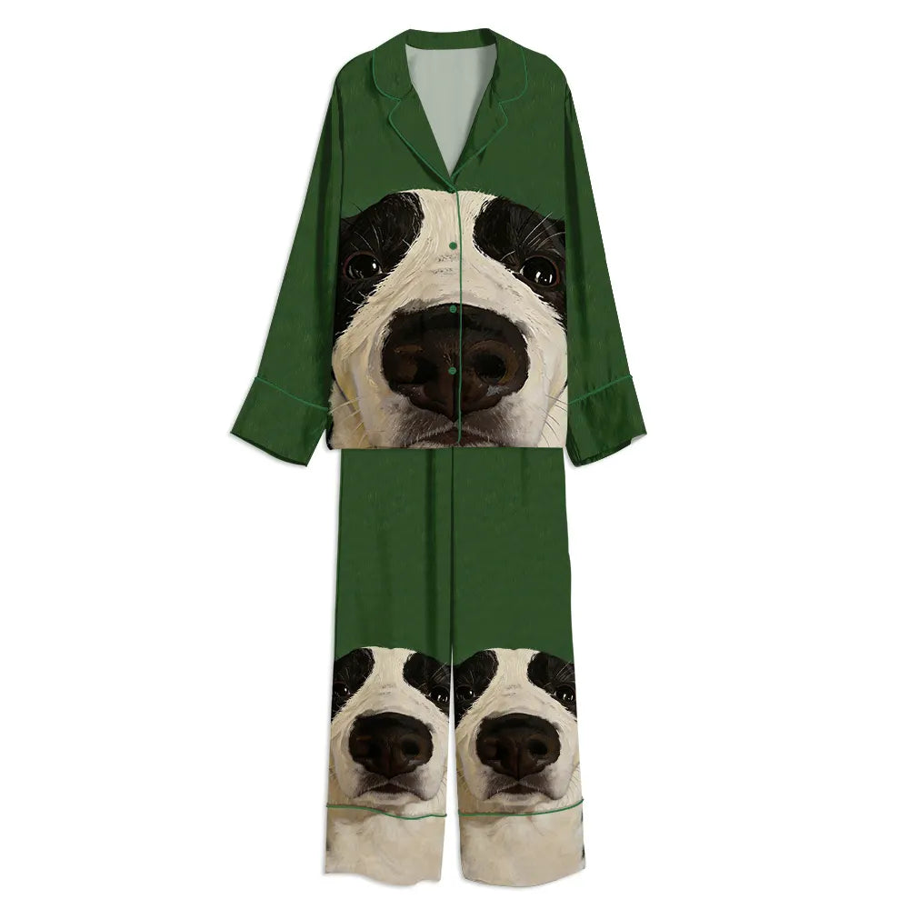 Tokyo-mood Funny Puppy Close-Up Cute Dog Nose Art Unisex Long Sleeve Silky Satin Pajama Set
