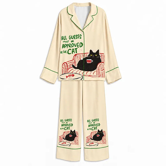 Tokyo-Mood Cat Approved Houseguest Cream Unisex Long Sleeve Silky Satin Pajama Set