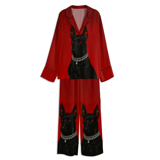 Luxury Doberman Elegant Diamond Collar Dog Unisex Long Sleeve Satin Pajama Set