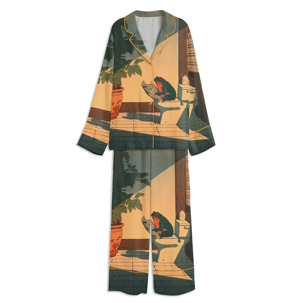 Frog Bathroom Hasui Kawase Hiroaki Takahashi Unisex Long Sleeve Satin Pajama Set