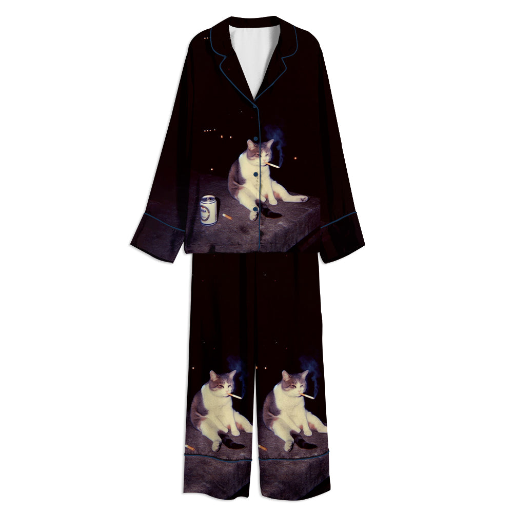 Funny Smoking Cigarette Cat Unisex Long Sleeve Satin Pajama Set