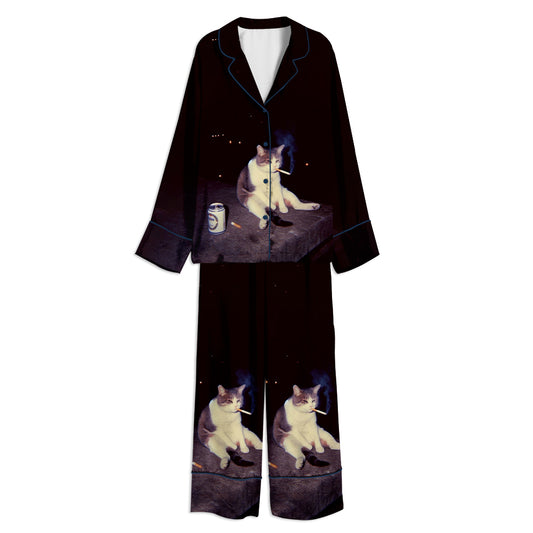 Funny Smoking Cigarette Cat Unisex Long Sleeve Satin Pajama Set