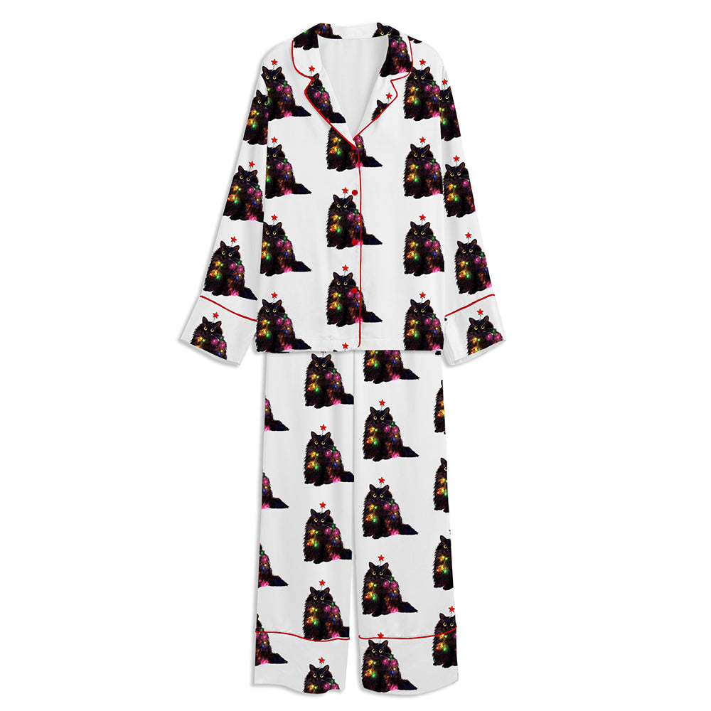 Christmas Lights Cat Unisex Long Sleeve Satin Pajama Set