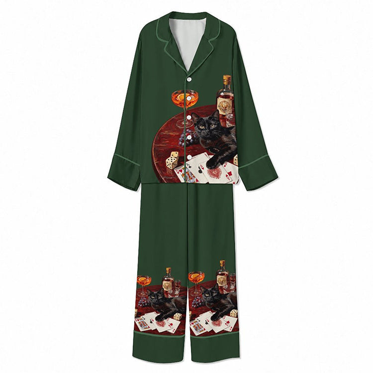 Tokyo-Mood Black Cat Whiskey Poker Night Forest Green Unisex Long Sleeve Silky Satin Pajama Set