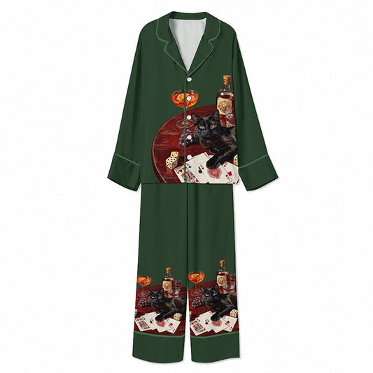 Tokyo-Mood Black Cat Whiskey Poker Night Forest Green Unisex Long Sleeve Silky Satin Pajama Set
