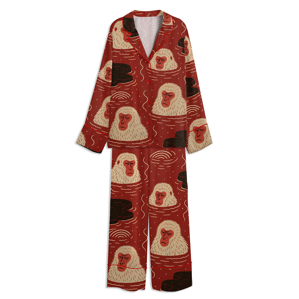 Japanese Snow Monkey Unisex Long Sleeve Satin Pajama Set