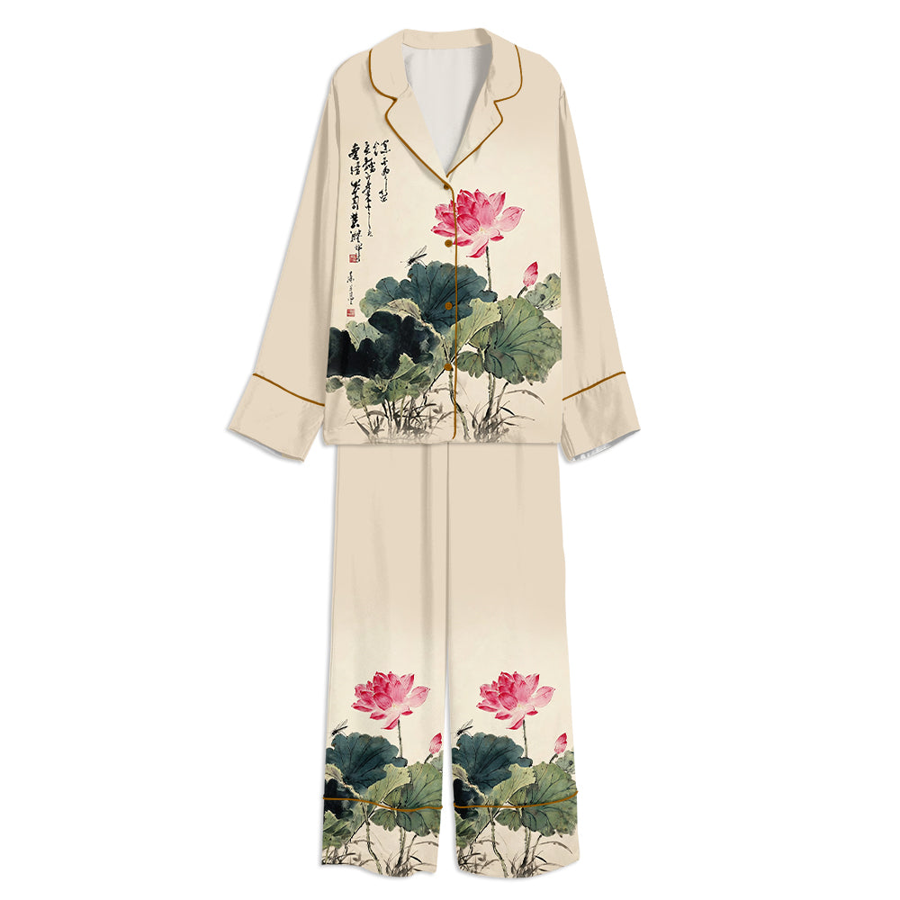 Tokyo-mood Chinese Lotus Flower Traditional Ink Art Unisex Long Sleeve Silky Satin Pajama Set