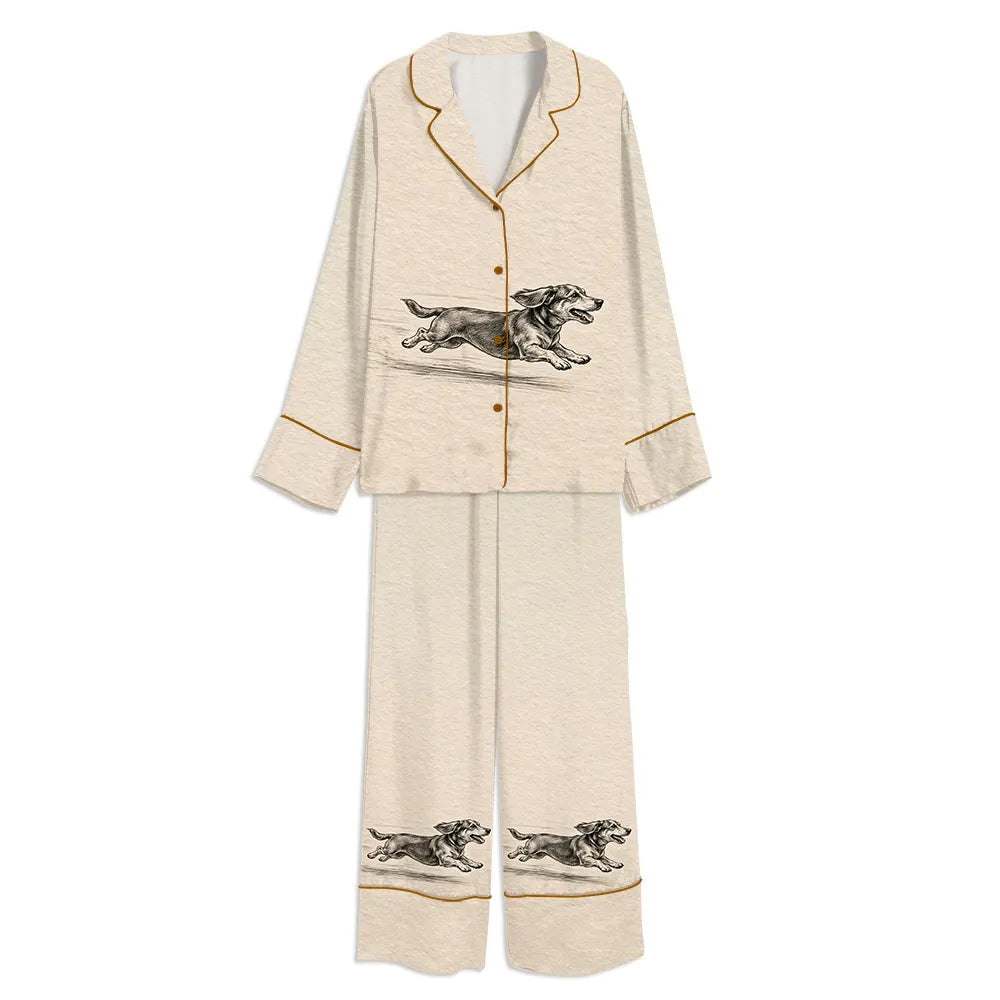Tokyo-mood Dachshund Vintage Dog With Zoomies Unisex Long Sleeve Silky Satin Pajama Set
