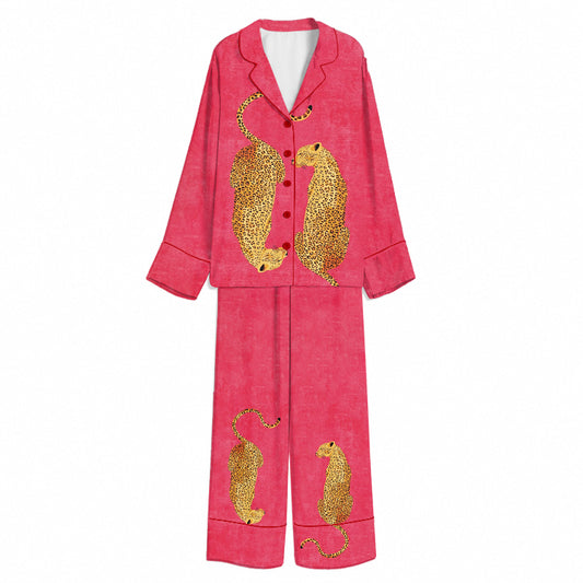 Tokyo-Mood Mirrored Leopard Pair Hot Pink Unisex Long Sleeve Silky Satin Pajama Set