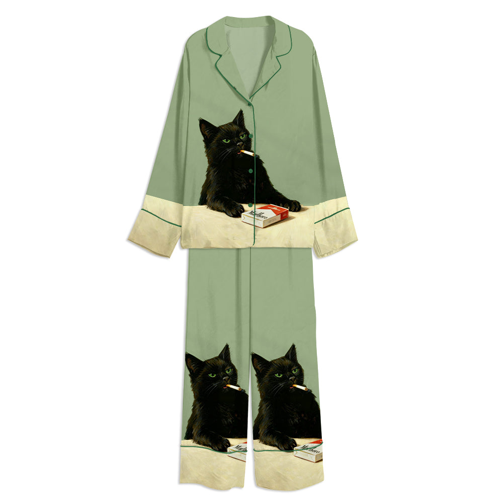 Tokyo-mood Vintage Smoking Cat Art Unisex Long Sleeve Silky Satin Pajama Set