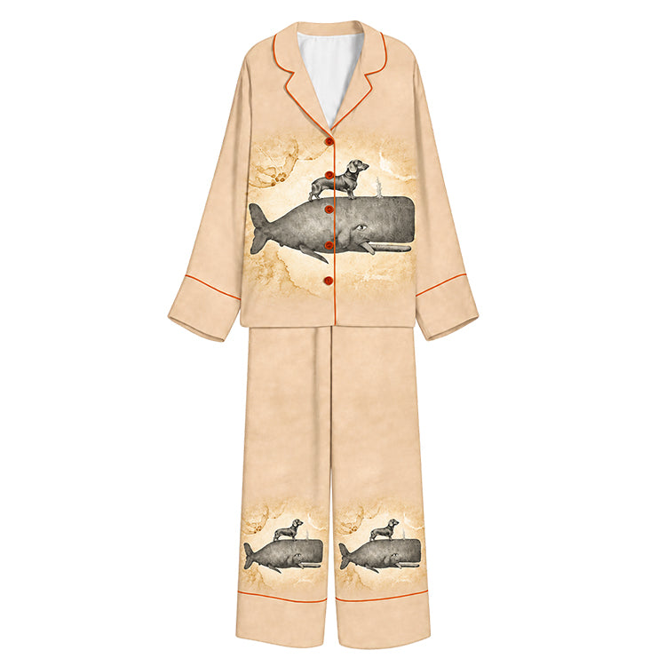 Tokyo-Mood Tiny Otter Riding Sperm Whale Champagne Beige Unisex Long Sleeve Silky Satin Pajama Set