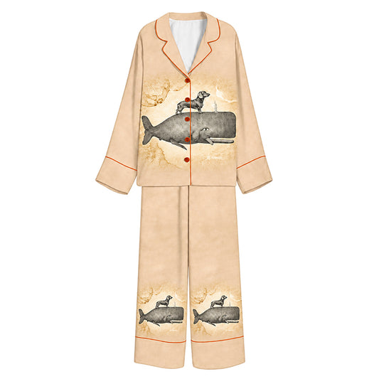 Tokyo-Mood Tiny Otter Riding Sperm Whale Champagne Beige Unisex Long Sleeve Silky Satin Pajama Set