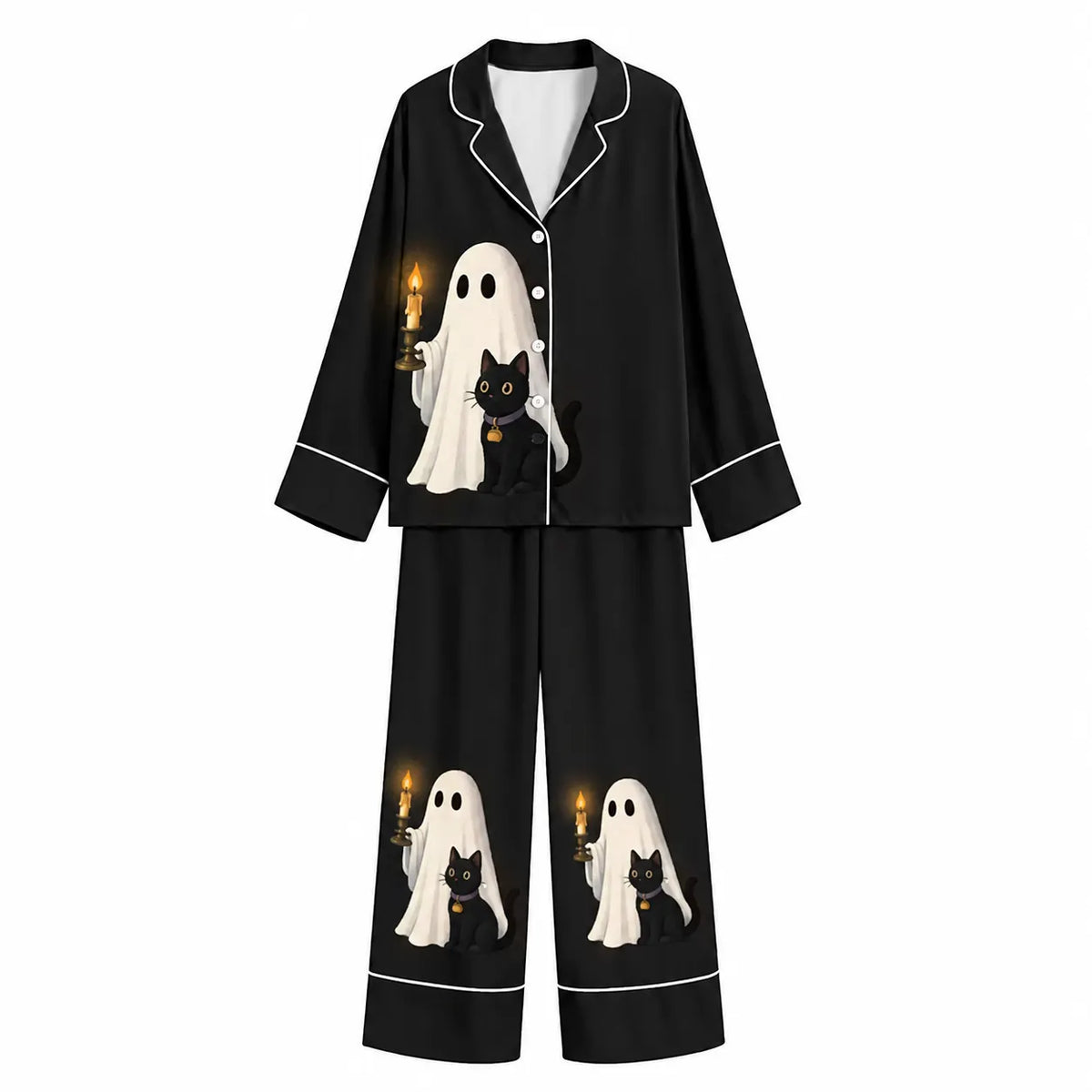 Tokyo-Mood Halloween Candlelight Ghost Cat Black Unisex Long Sleeve Silky Satin Pajama Set